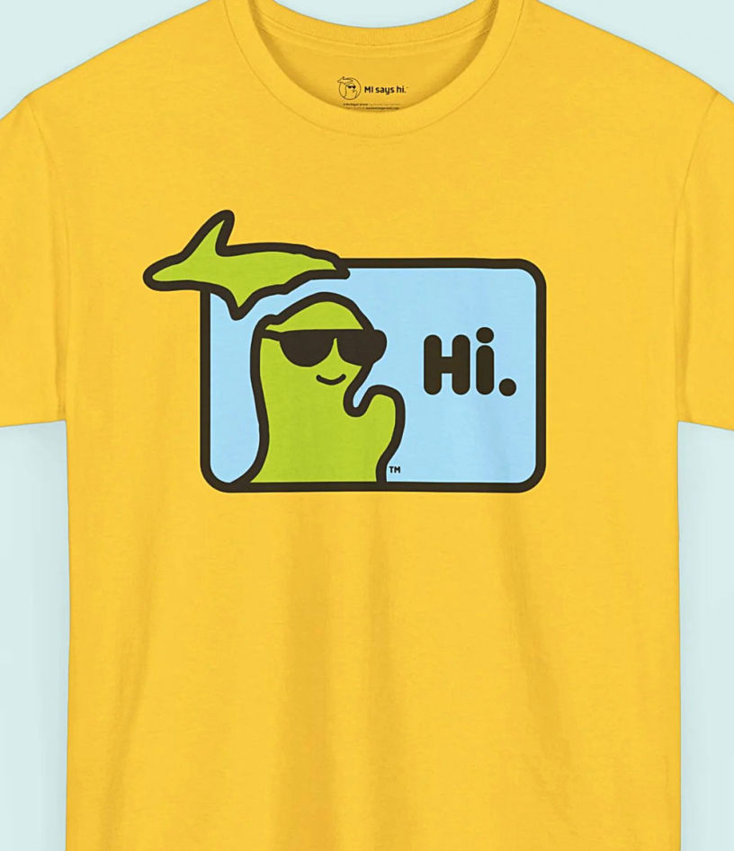My Says Hi Michigan brand t-shirt.