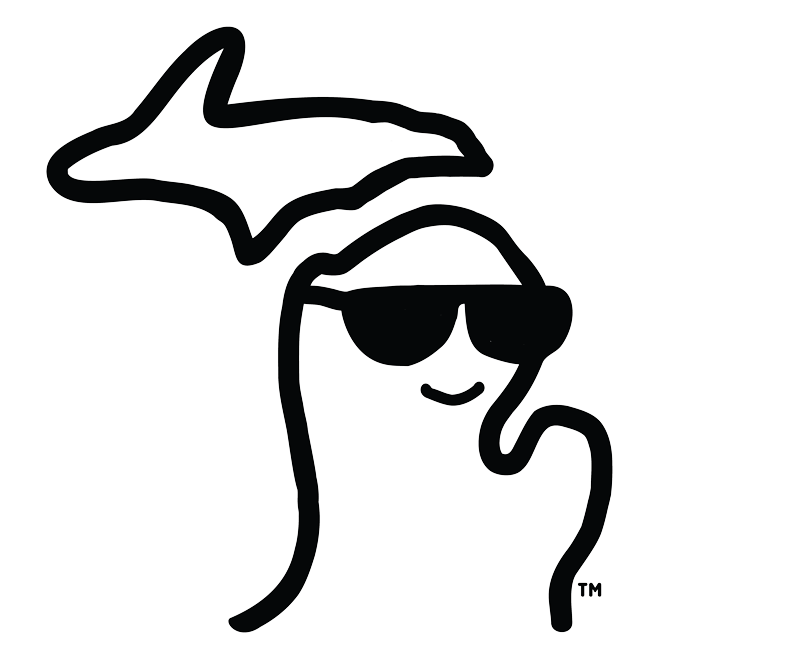 This is Mich.™ Michigan's Character. Mich is a state of Michigan illustration that is wearing sunglasses, smiling and waving. Mich is the best icon for sharing Michigan's vibe and character and is available for licensing.