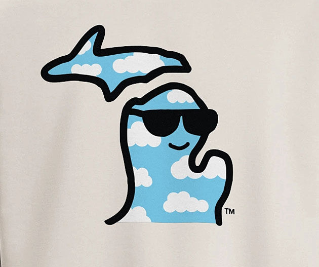 Michigan brand Mich.™ An illustration showing the state of Michigan wearing sunglasses, smiling and waving.